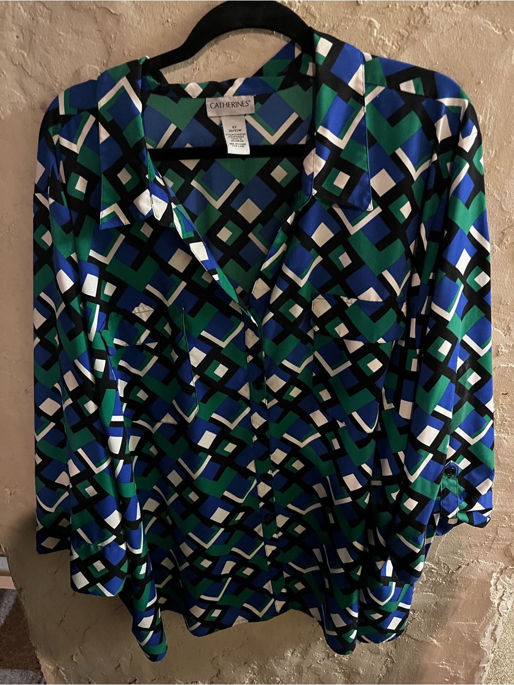 Catherines 4X Blue Green Geometric Button Front Blouse